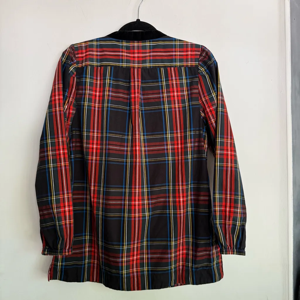 J. CREW Velvet Trimmed V-neck Tunic Blouse Top Red Christmas Plaid Holiday Small - Image 6