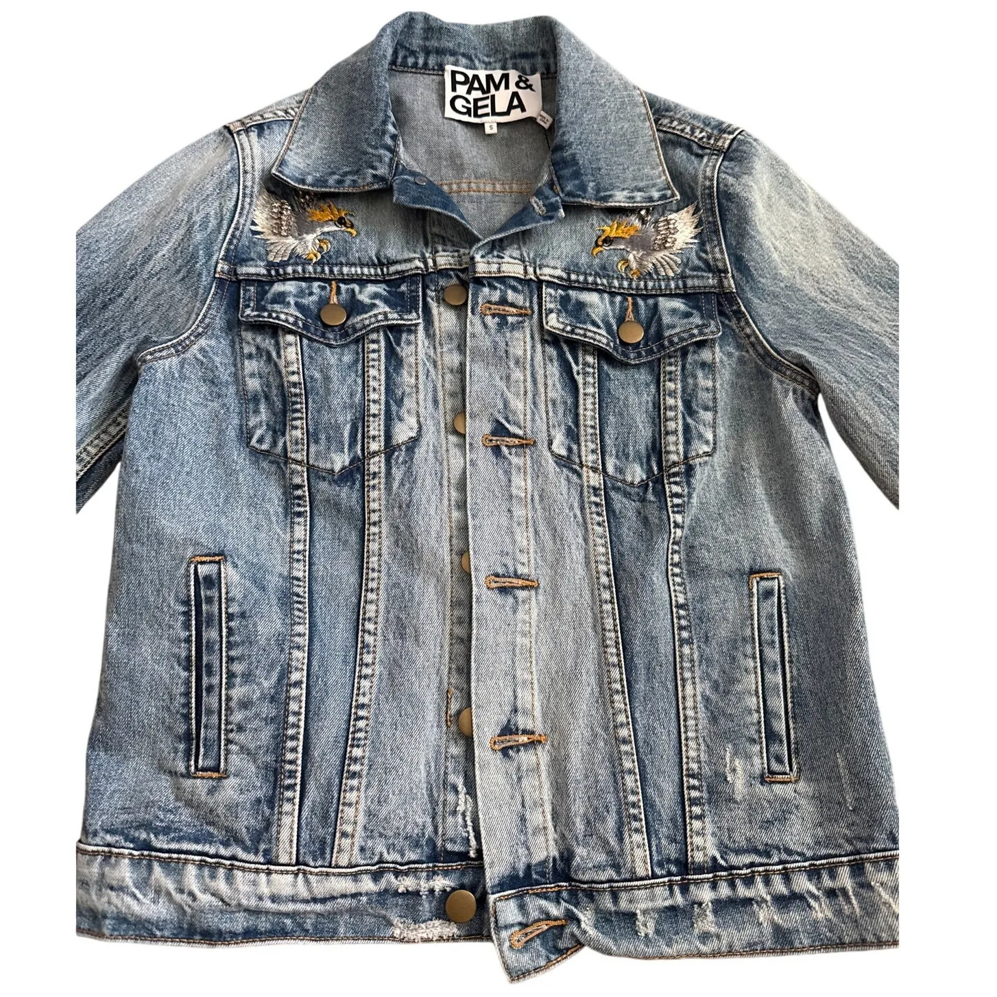 PAM & GELA Statement Denim Embroidered Jacket with Rhinestone Eagles Size Small - Image 12