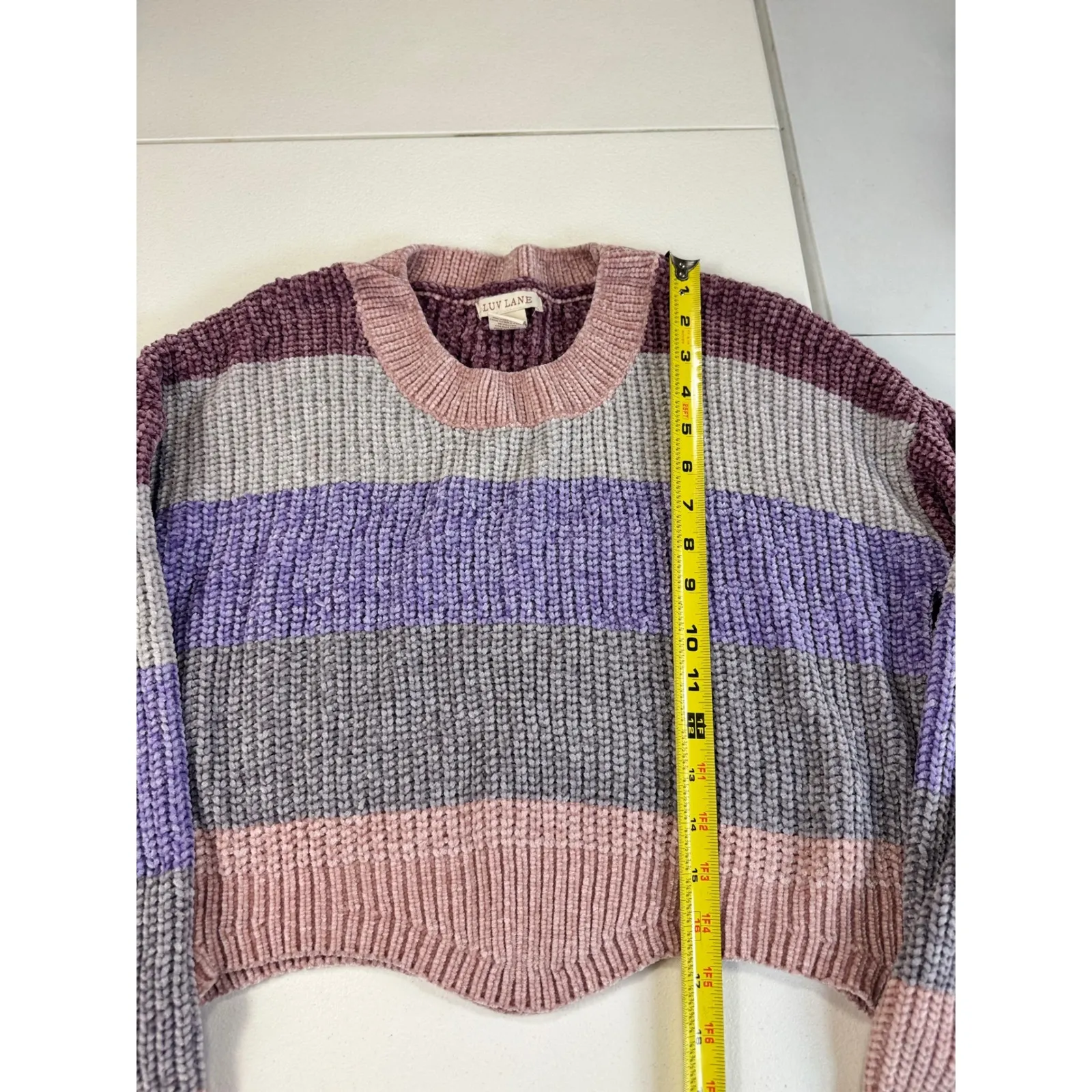 Luv lane crochet Cropped Sweater Knit Pullover Gray Purple Pink Cozy Cute S Size undefined - Image 2