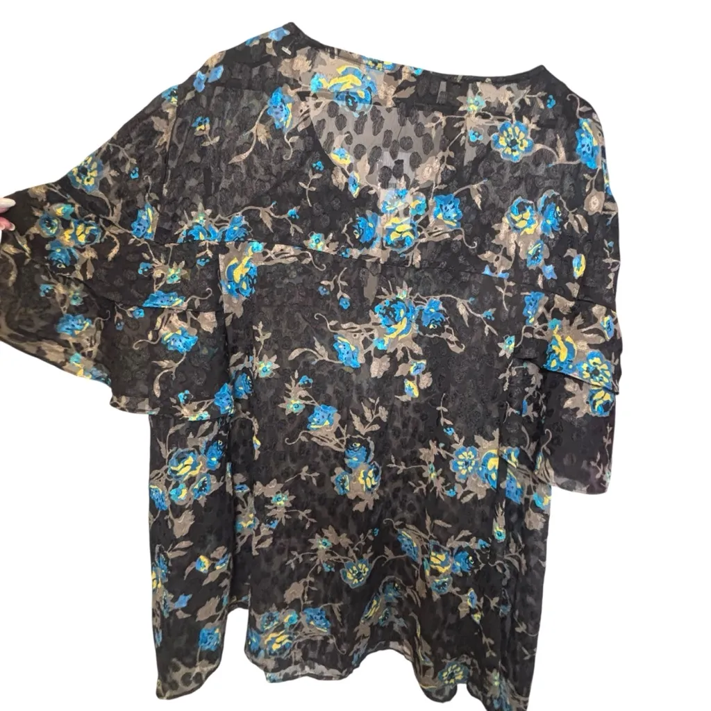 Lane Bryant Floral Ruffle Black Blue Semi Sheer Blouse Size 26 New 4X - Image 4