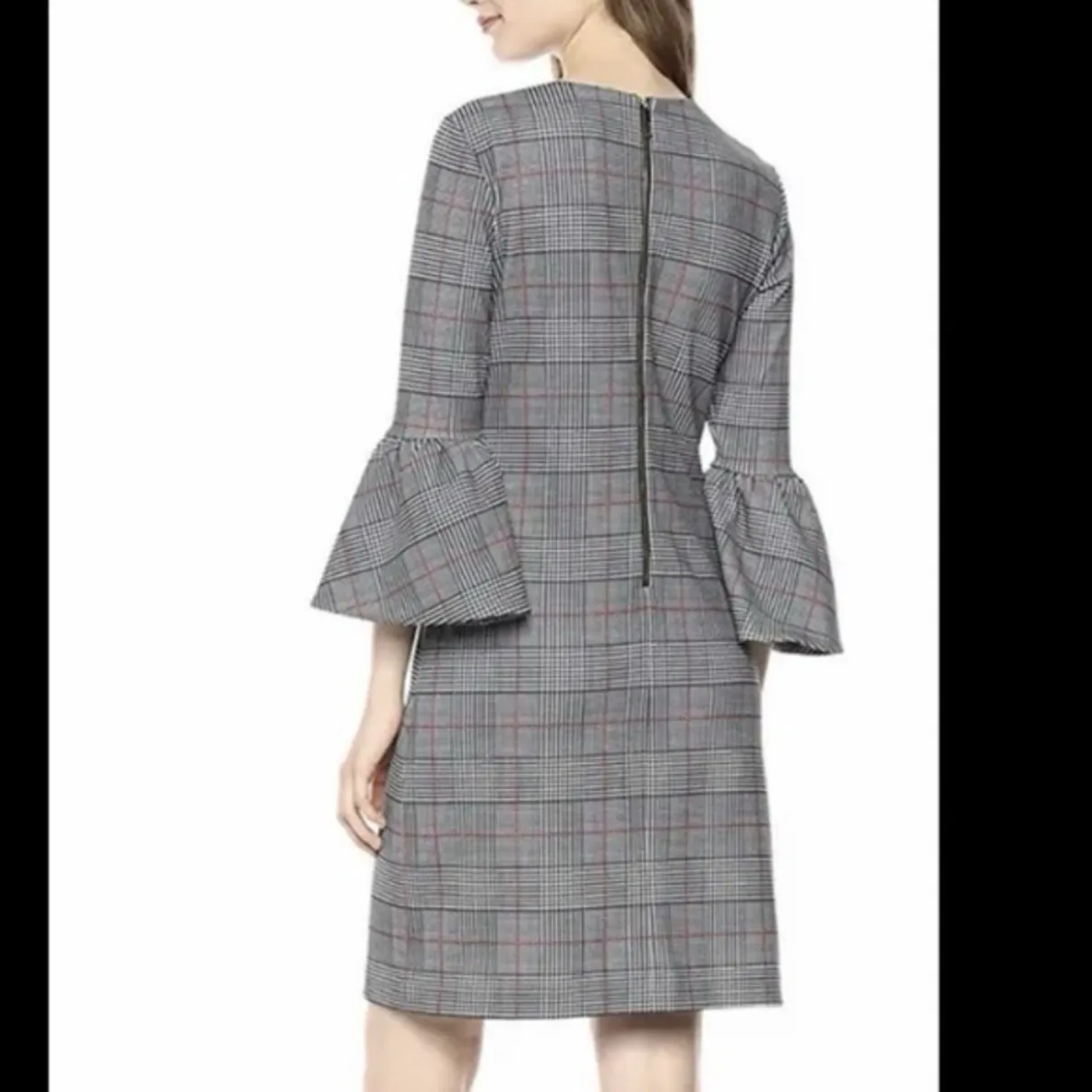 Calvin Klein Black White Houndstooth Plaid Bell Sleeve Crepe Sheath Dress Size 8 - Image 2