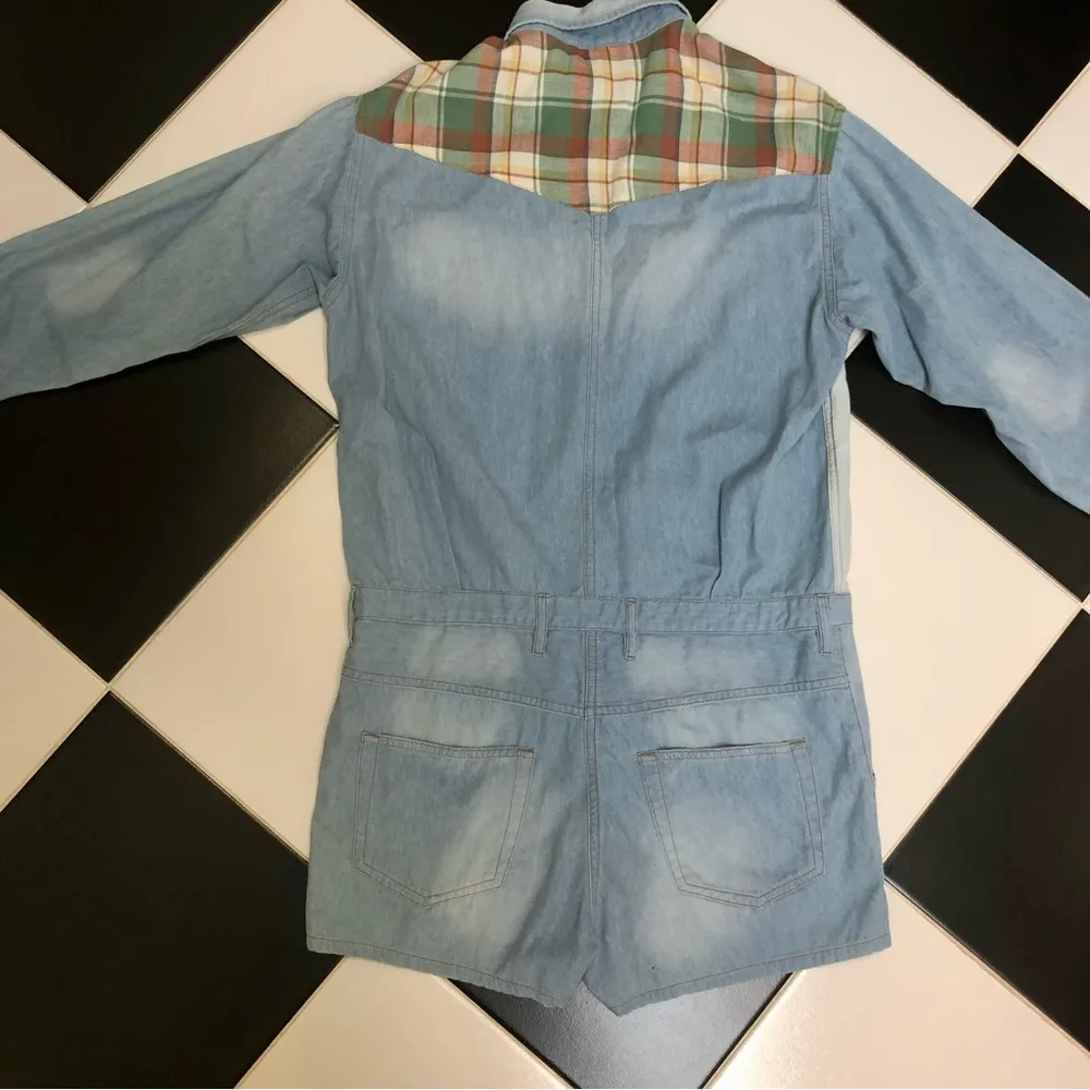 Isabel Marant Etoile Long Sleeve Romper Denim Two-Tone Plaid Patchwork Detail 6 - Image 8