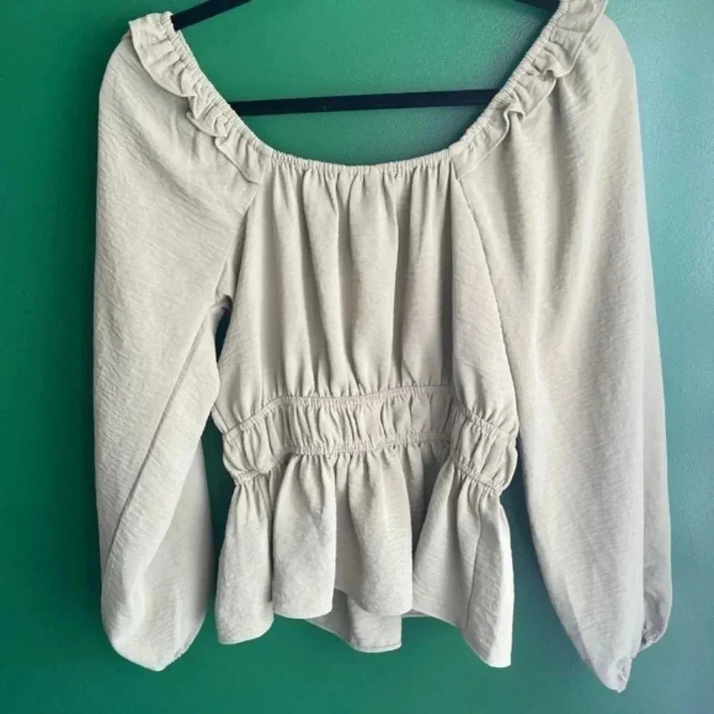 Nine West Peplum Peasant Top Blouse Size PS Petite Small EUC‎ Olive Green - Image 4