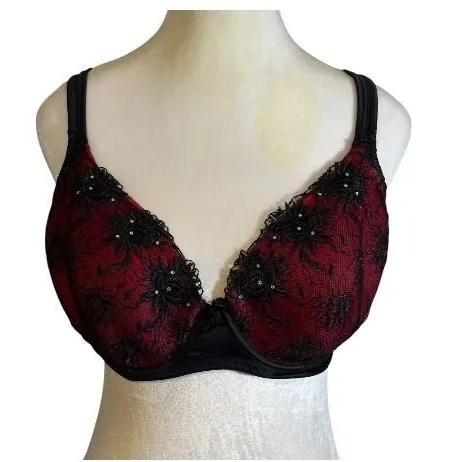 Soma Lace Trim Balconette Bra Red Black Embellished Underwire Size 36DD Romantic - Image 1