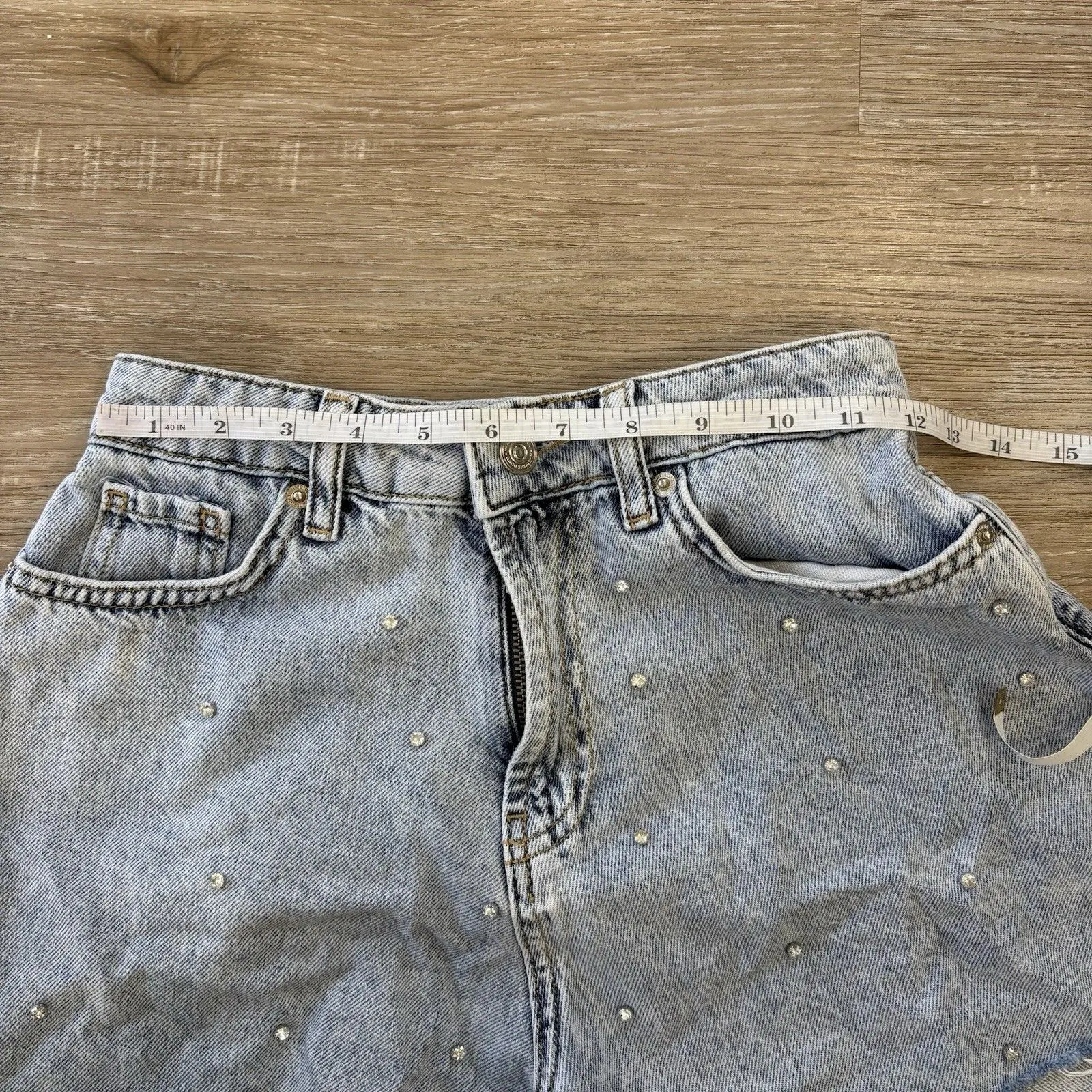 Nocturne Denim Shorts Womens Size 1 XS Bedazzled High Waisted Raw Hem Blue - Image 9