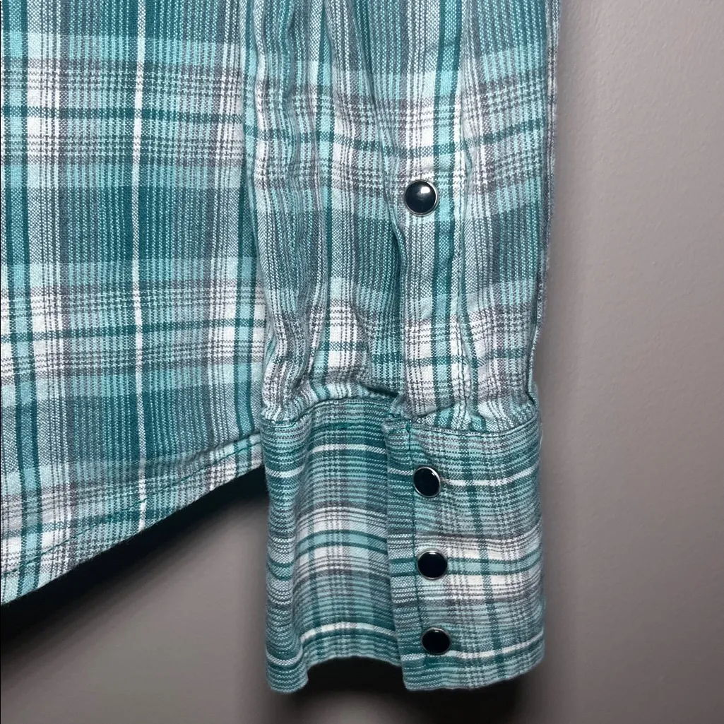 Kuhl Women's Pearl Snap Plaid Hiking Shirt Outdoors Teal White Size Small - Image 4