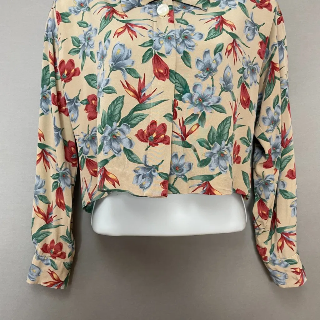 Vintage Floral‎ Top Blouse Beige Long Sleeves Tropical Collar 90s Women Hawaiian - Image 4