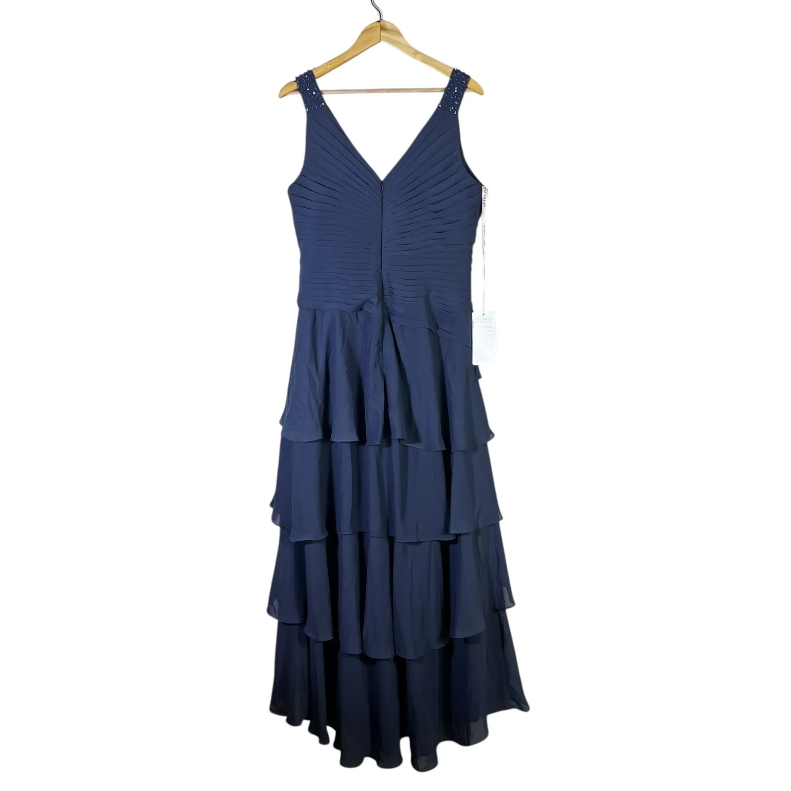 NWT JJ's House Navy Blue Chiffon Tiered Ruffle V Neck Formal Gown Dress US 14 - Image 5