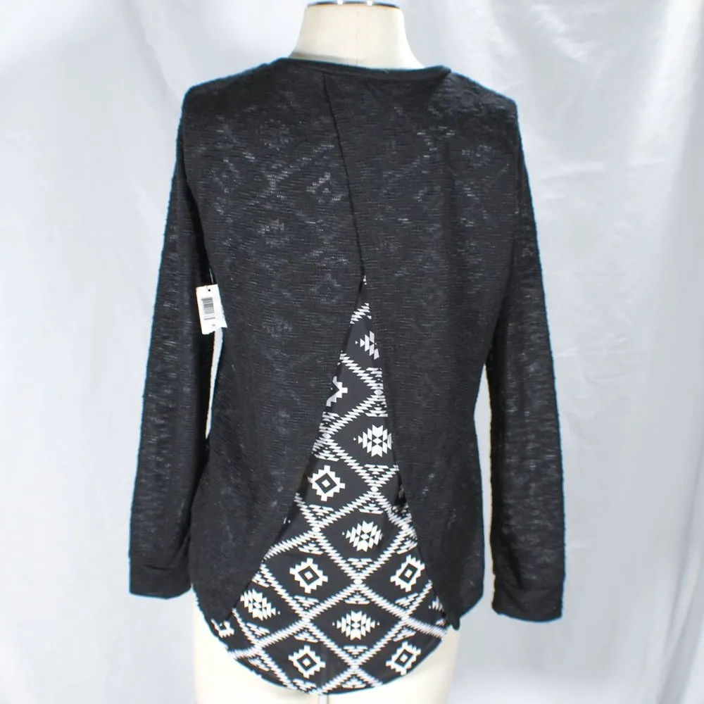 NWT Black Sheer Blouse Knit Long Sleeve Chiffon Back Size Medium - Image 4