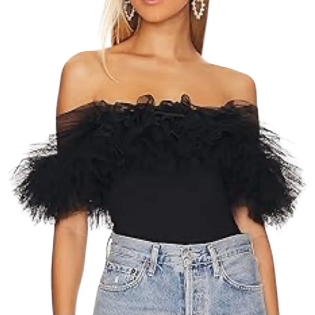 NWT Autumn Cashmere Off the Shoulder Tulle Ribbed Knit Top Black Size L - Image 11