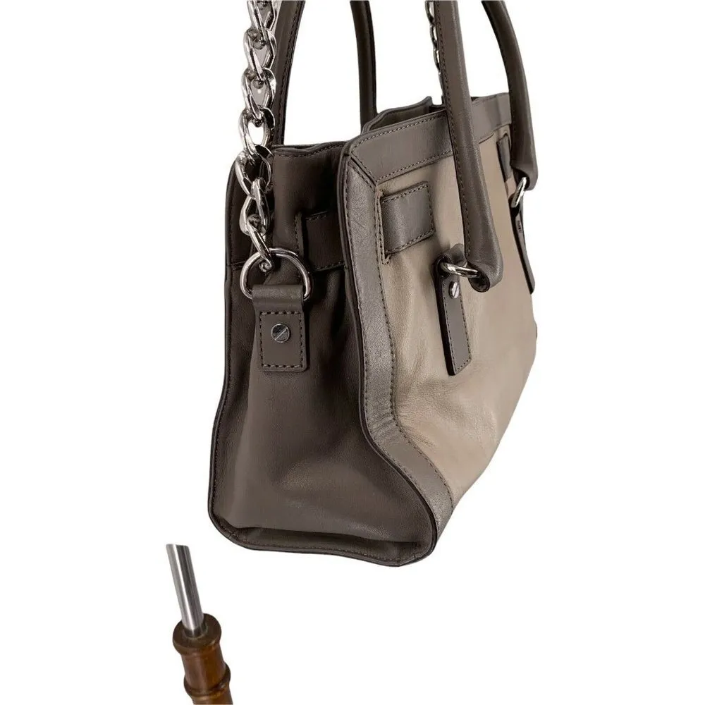 Michael Kors Taupe and Gray Leather Hamilton Silver Lock Satchel Large Handbag - Image 7