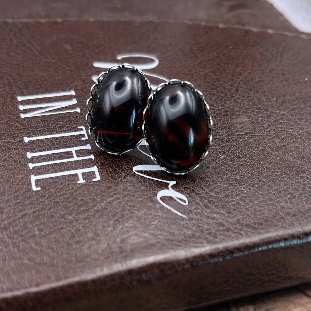 Vintage West Germany Multicolor Amber Brown Glass Cabochon Steel Stud Earrings - Image 3