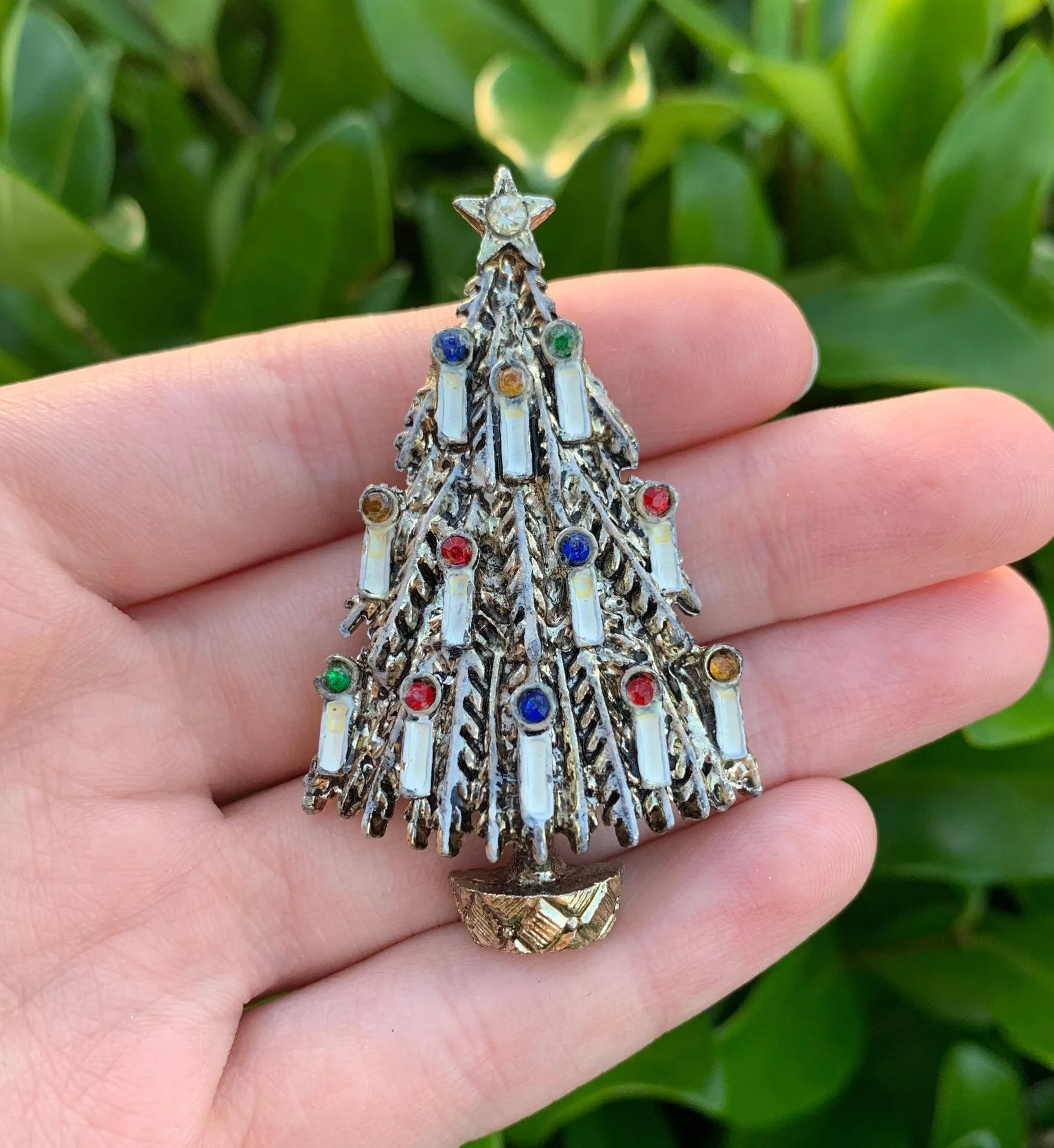 Vintage Silver & Gold Christmas Tree Brooch White & Rhinestoned Candles Multiple - Image 2