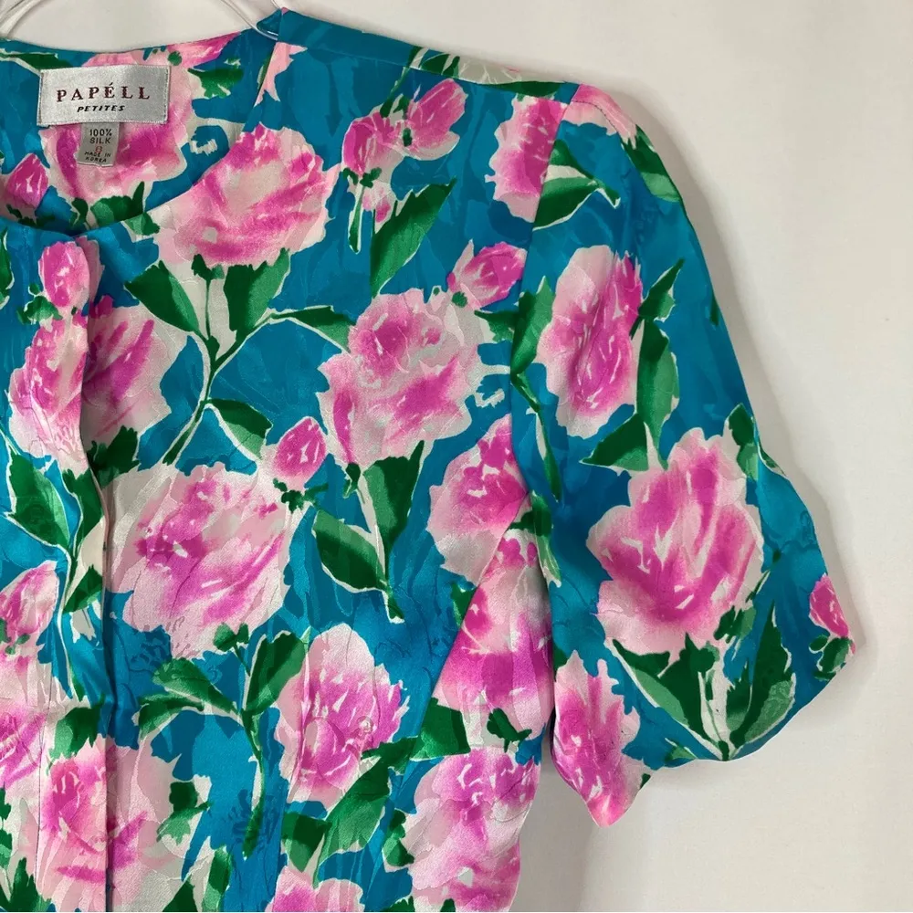 Adrianna Papell | Vintage 100% Silk Teal Floral Button Blouse PETITE - Image 2