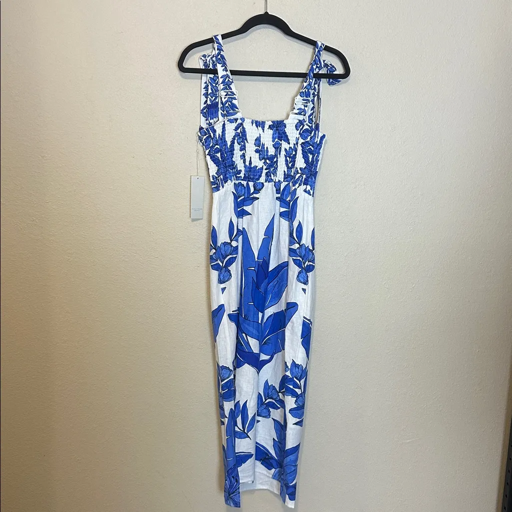 CALYPSO ST. BARTH Linen Blend Beaded Strap Placed Print Midi Dress Womens XS NWT - Image 9