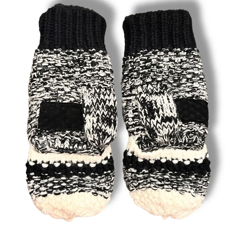 Winter Convertible Fingerless Gloves Black White Mittens Warm Unisex Style A - Image 3