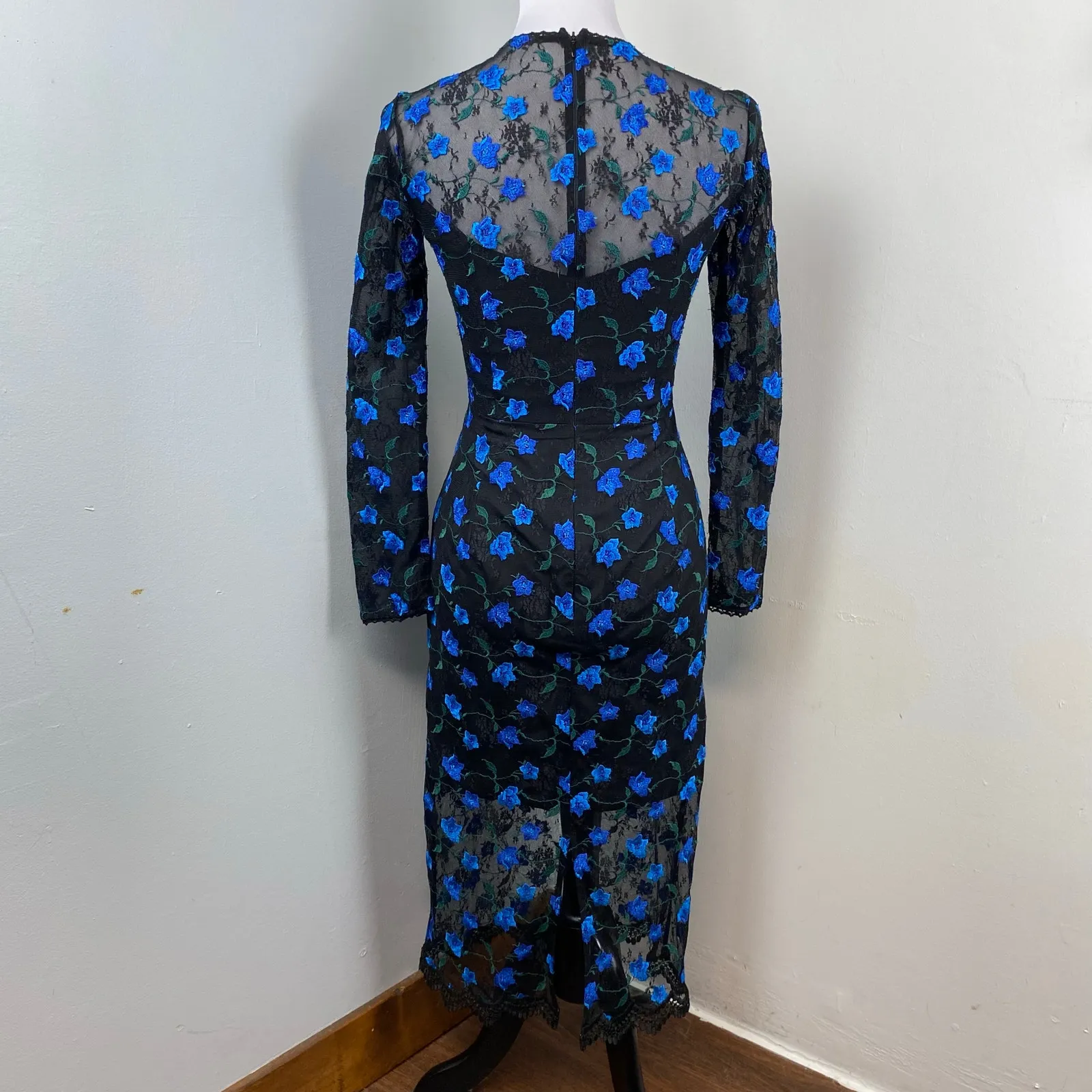 Dress The Population Sophia Indigo  Embroidered Lace Illusion Dress Small - Image 9