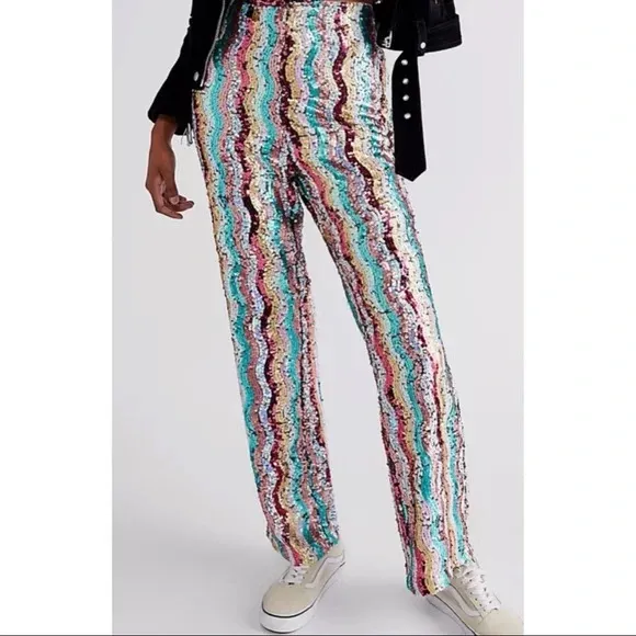 Free People Dance Again Multi Color Rainbow Sequins Pants 🔥 - Image 4