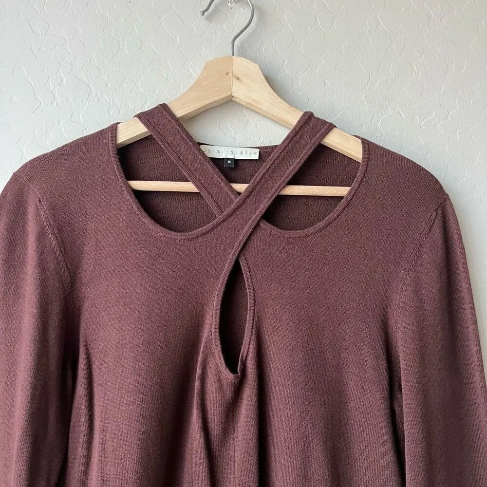 Usisi Sister Kirstie Tobacco‎ Brown Long Sleeve Cut Out Knit Top Size Medium - Image 6