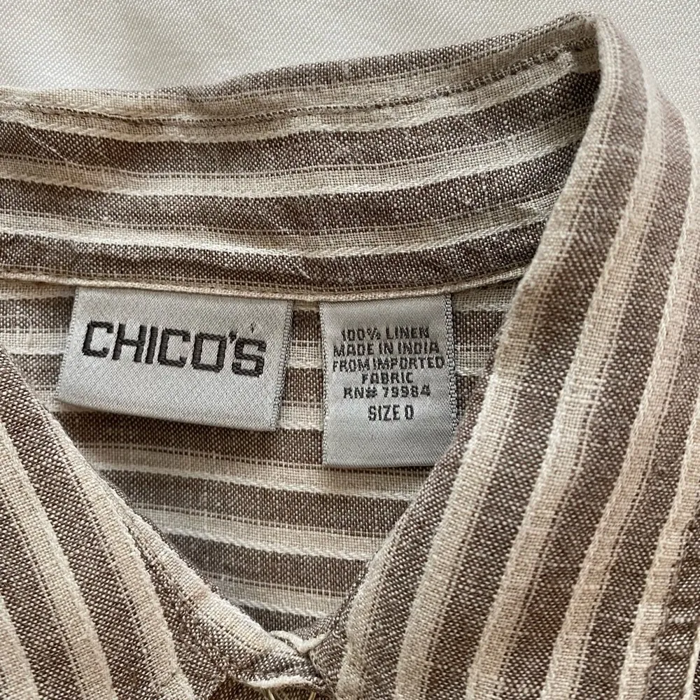 Chico’s Linen Snap up Beige and White Striped Long Sleeve shirt  S - Image 7