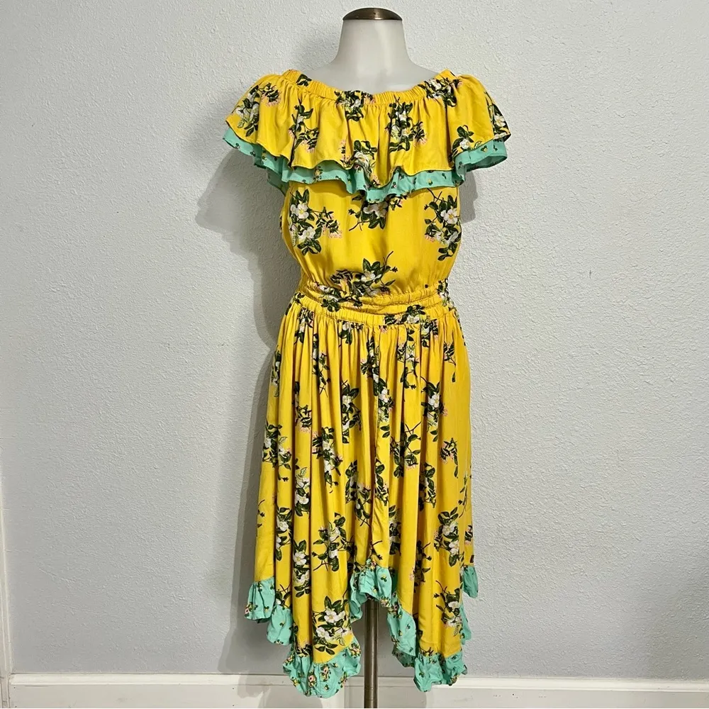Matilda Jane Hooked On A Feeling Midi Dress Yellow Aqua Ruffle Size XS - Image 2