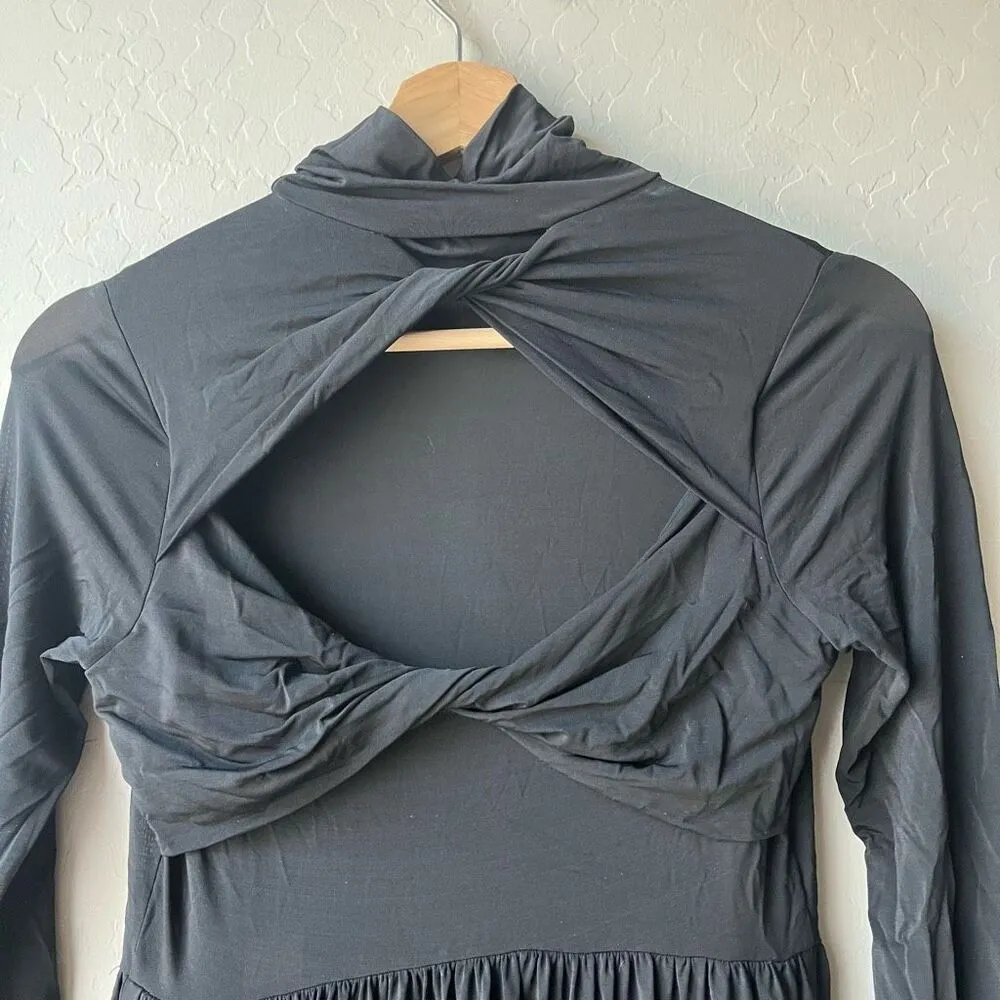 Rebecca Taylor Pleated Knit Mock Neck Open Back Long Sleeve Black Maxi Dress XS‎ - Image 9