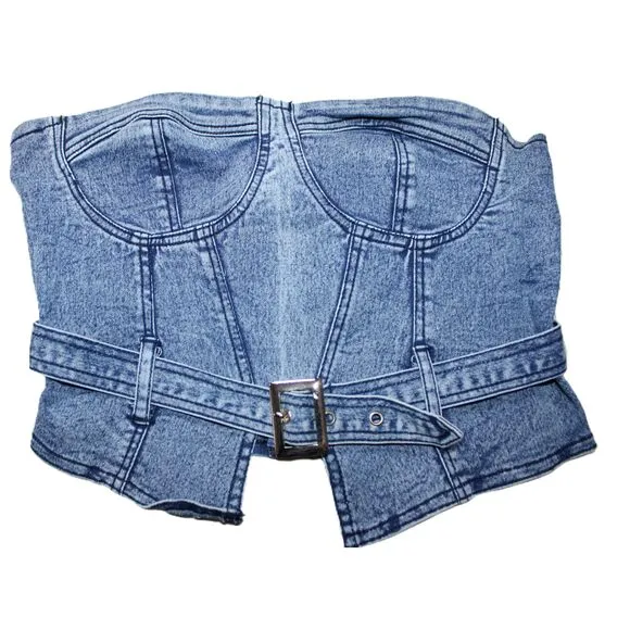 NWT Womens THRILL Jeans Denim Corset Blue Denim Silver Hardware Crop Top Size M Size M - Image 2
