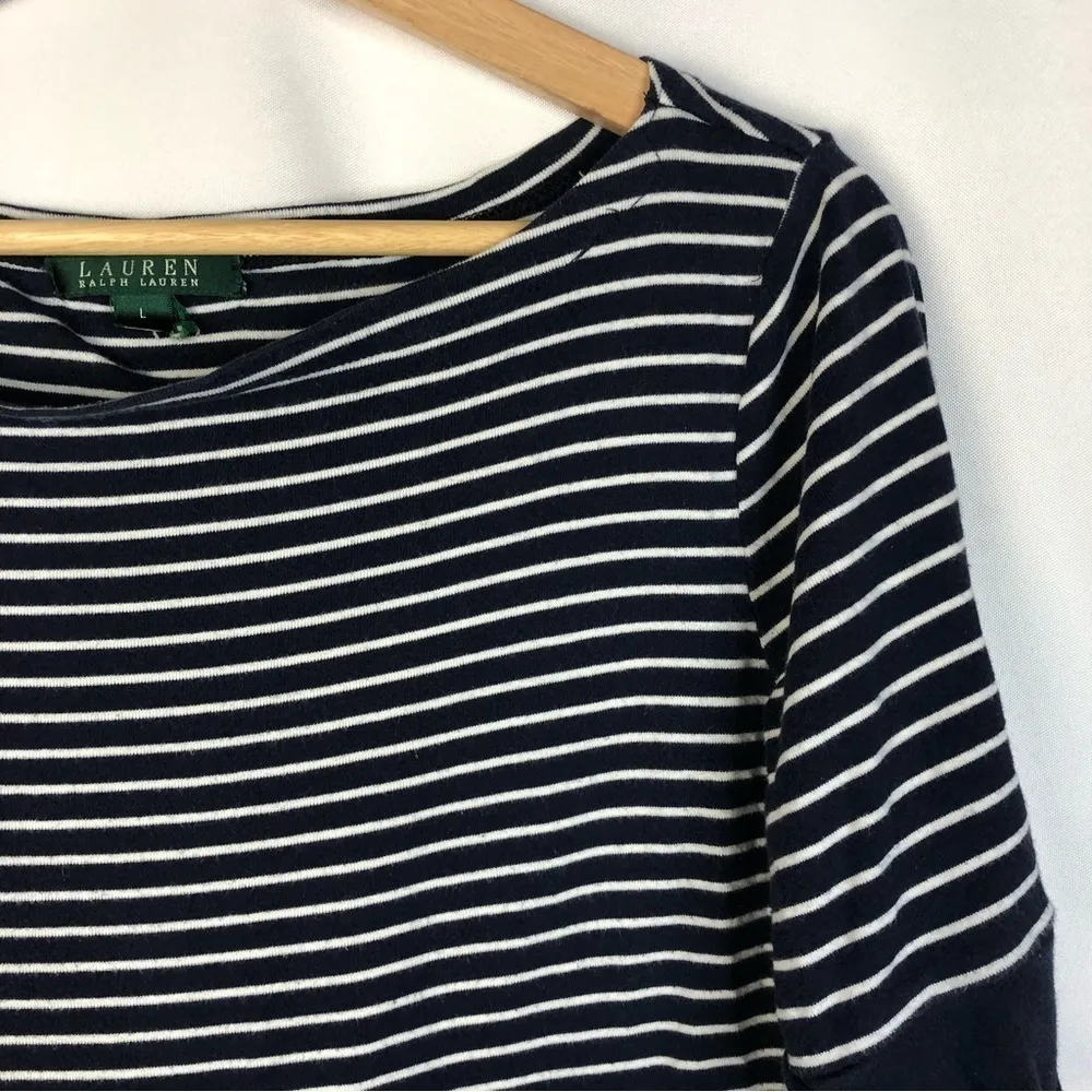 Lauren Ralph Lauren Navy Blue & White Stripe Boat Neck Top L - Image 3