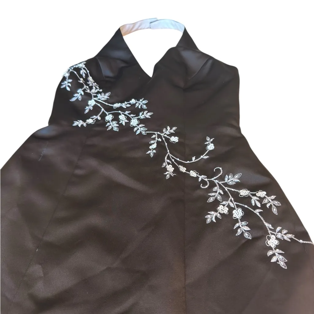 David’s Bridal Black Satin Halter Gown Floral Embroidery Size 6 Vintage Formal - Image 8