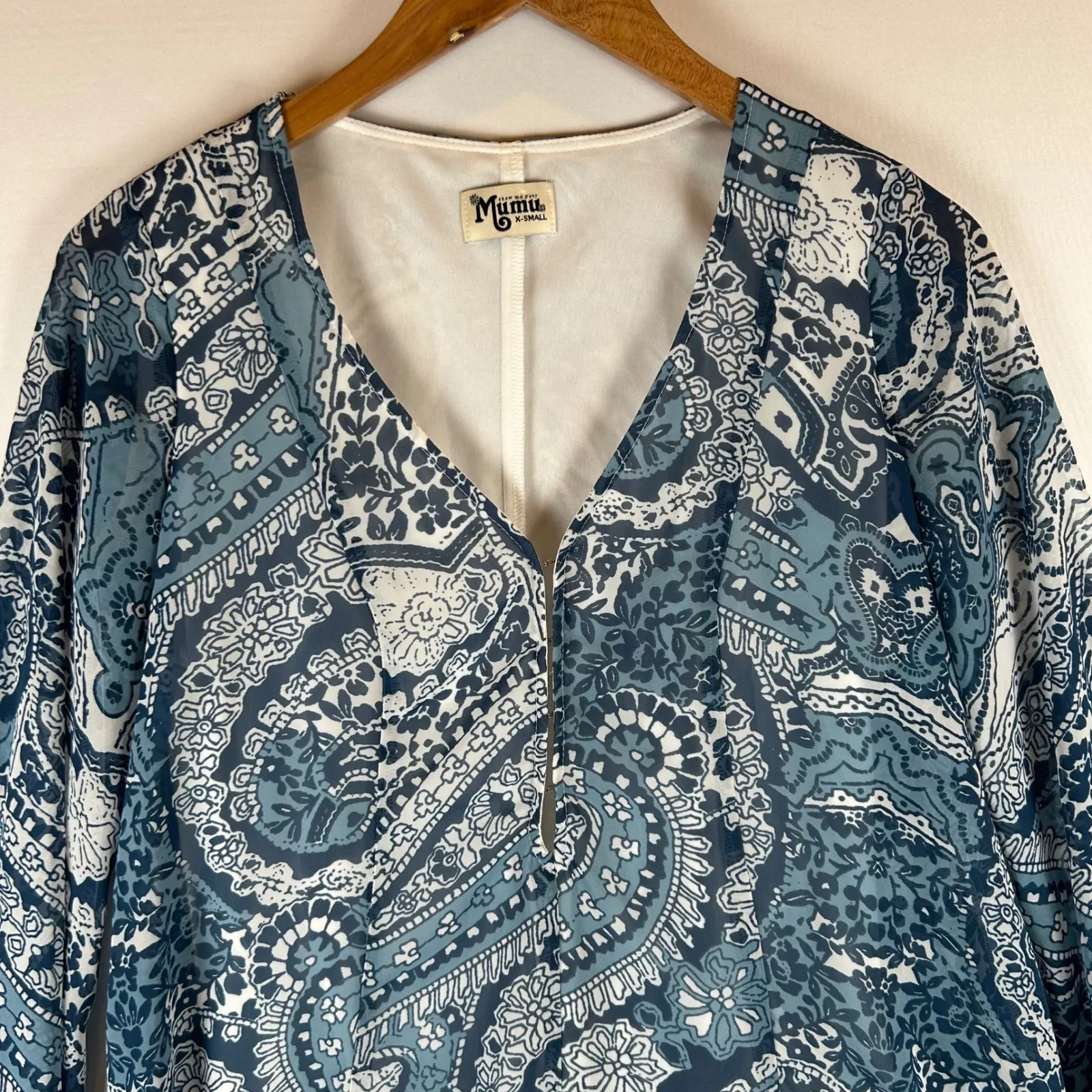 Show Me Your Mumu Blue Paisley Print Bailey Back Tie Romper Long Sleeve XS - Image 6
