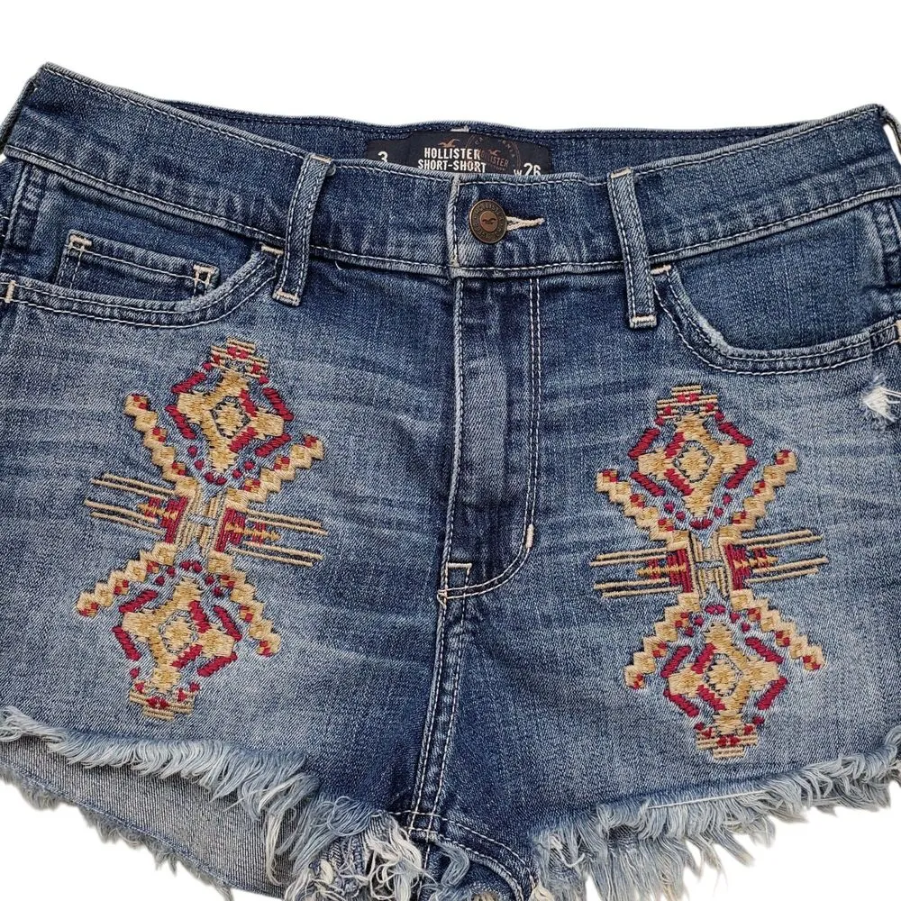 Hollister Short Shorts Womens 3 W26 High Rise Denim Aztec Embroidered Distressed - Image 2
