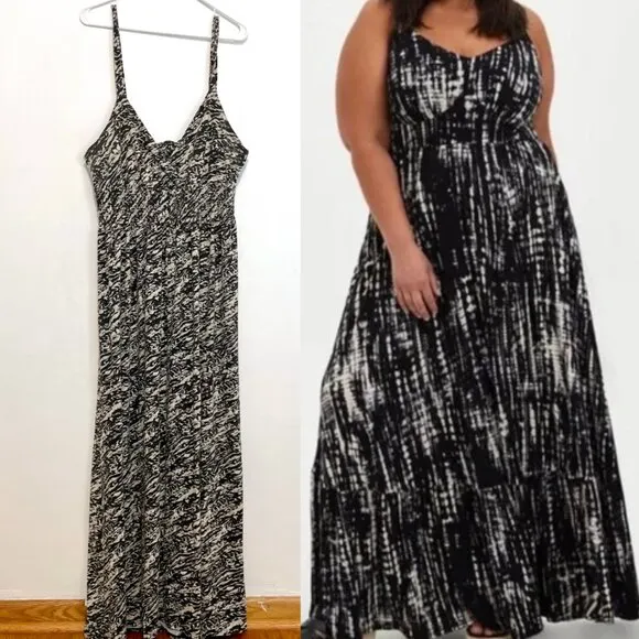 TORRID 1 Plus Size Feather Sleeveless Maxi Dress Cream Black Print Tie Back Boho - Image 2