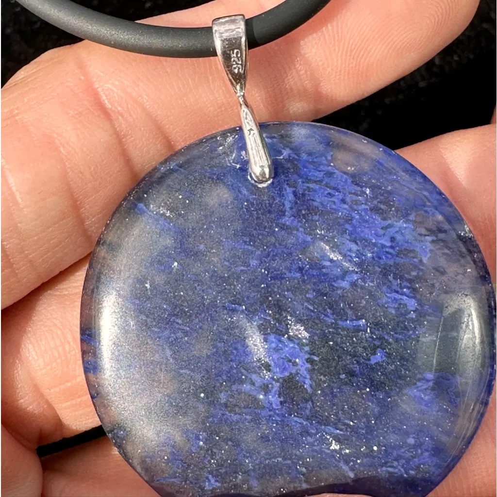 831. Blueberry Quartz Disc pendant .925 Sterling silver bail clasp black cord - Image 4