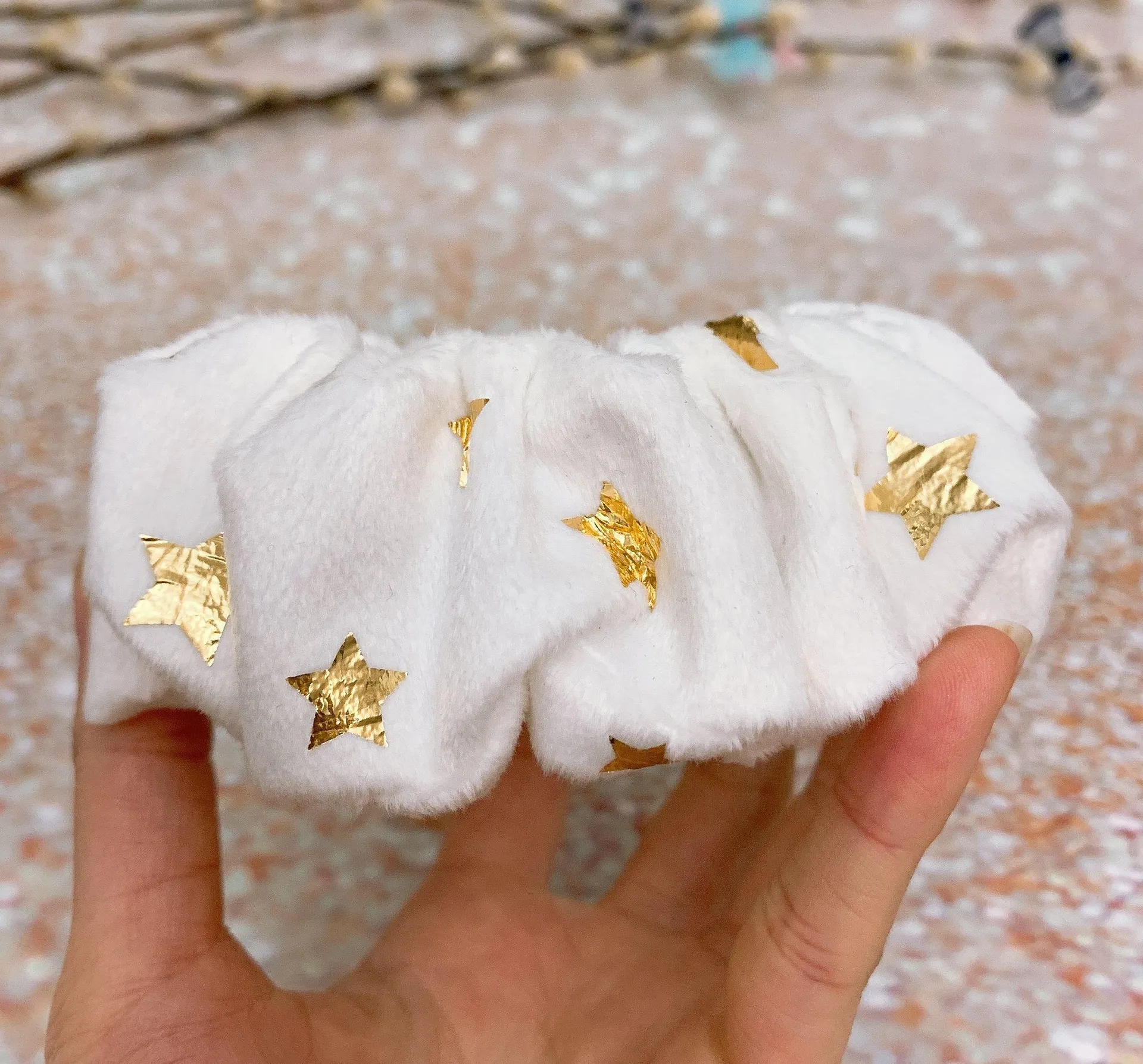 CHUBBY Scrunchie White Gold Stars Soft Minky Fleece Thick Scrunchie Hair Tie Hair Accessories - Image 3