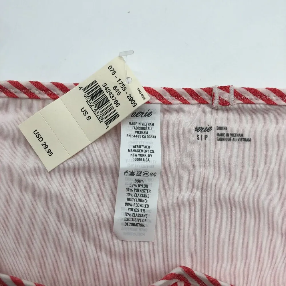 Aerie Swim Bikini Bottom Hipster Brief Seersucker Ruffle Striped Red White S - Image 3