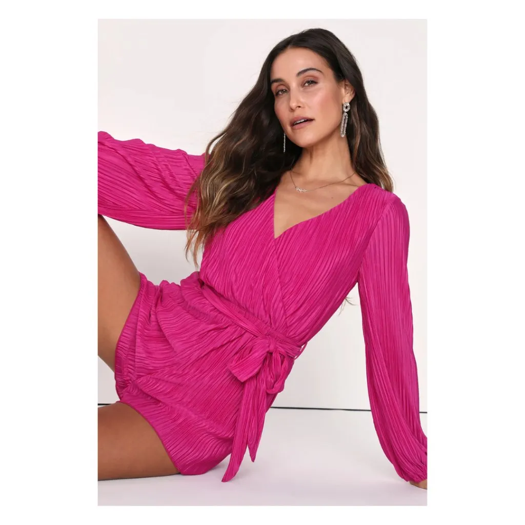 259. Lulu’s Magenta Plisse Balloon Sleeve Romper | Size Large Pink - Image 3
