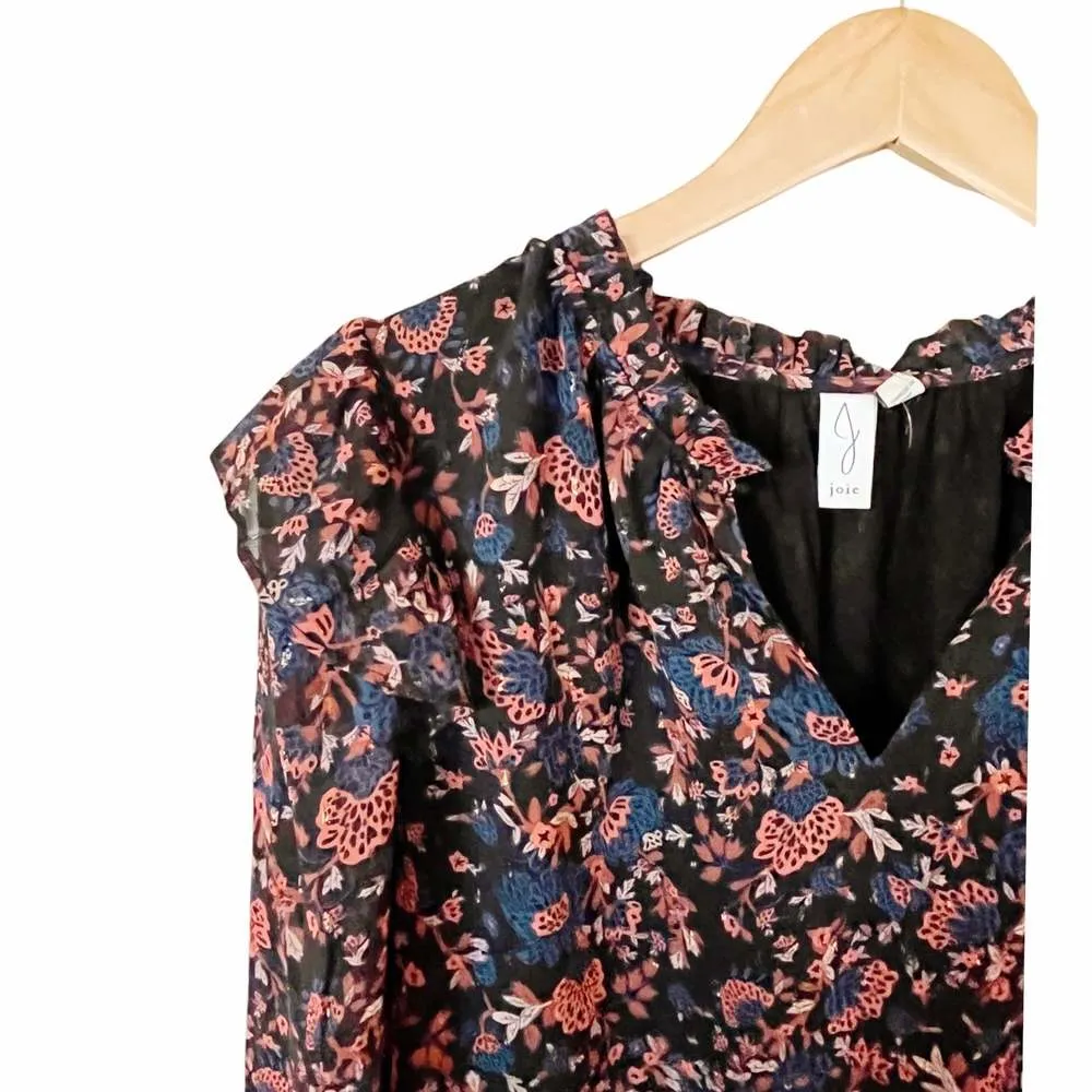 JOIE Peasant Floral Silky Blouse Black Red Gold Thread Long Sleeves Ruffles Sm - Image 6