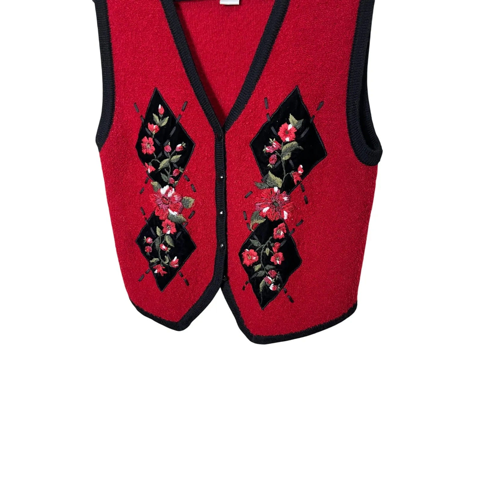 Vintage Koret Petites Red Embroidered Floral Velvet Diamond Argyle Button Vest S Size undefined - Image 3