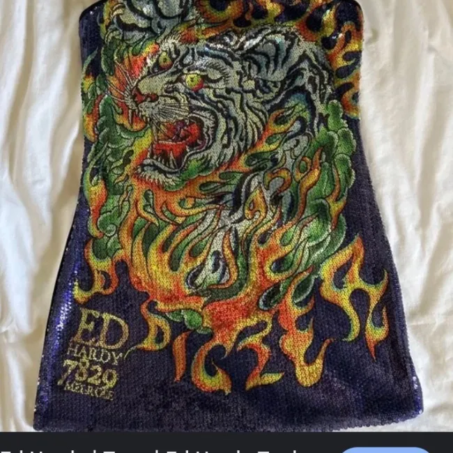 Ed Hardy& Christian Audiguier Y2K tigar tattoo sequin one sholder mini dress. - Image 2