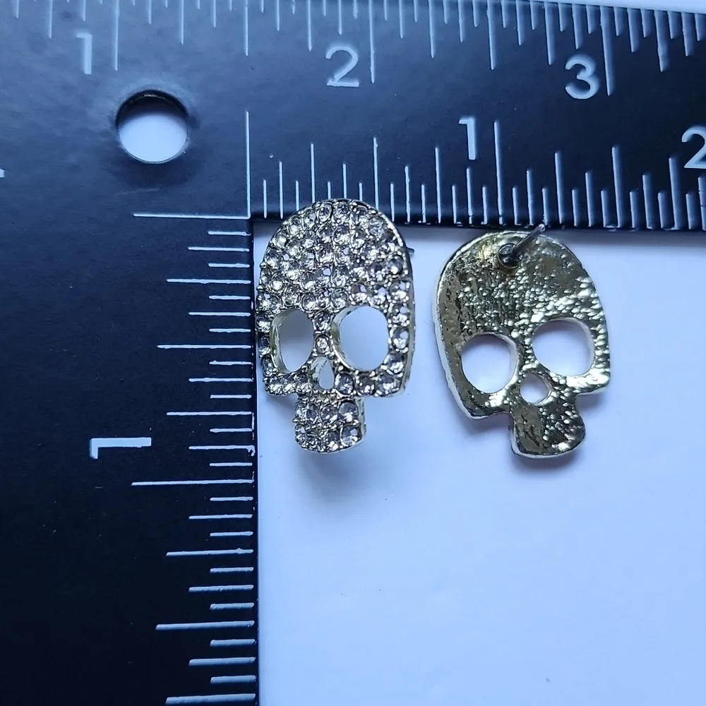Silver with Crystal Rhinestones Skull Earrings - Image 3