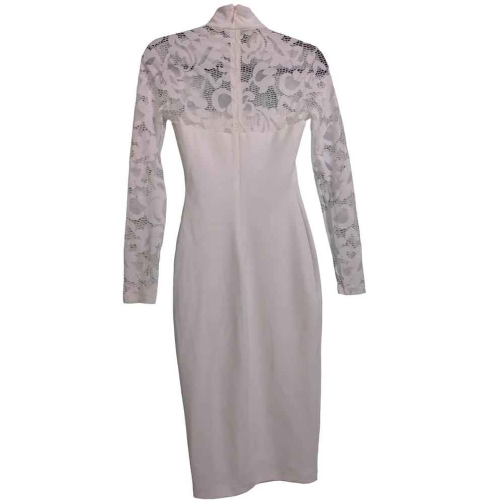 Nookie Lady Lace Midi Dress Long Sleeve White Bodycon Back Zip Cutout S New - Image 3