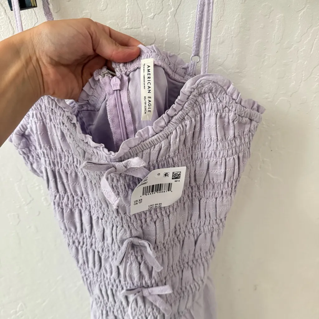 American Eagle Purple Smocked Bow Tie Sundress Midi Zip Back XS - Image 7