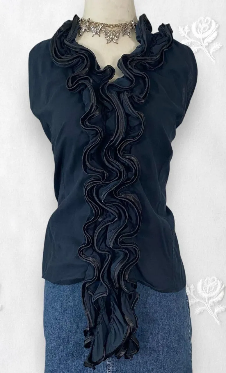 Early 2000's Black Cotton Ruffle Frilly Gothic Halter Top Plus Size 2X / XXL - Image 2