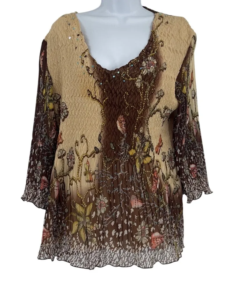 Alberto Makali Chiffon Boho Womens Top Sz L Whimsigoth Sheer Sequin Brown Artsy - Image 1
