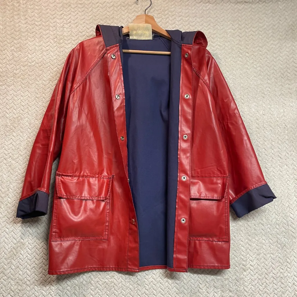 Vintage Hush Puppies Red Hooded Lined Raincoat Classic Preppy S/M - Image 9
