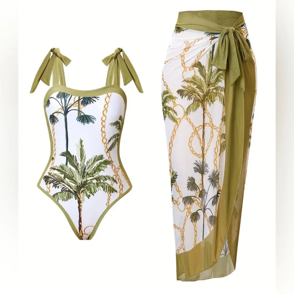 🌴Tropical Print Swimsuit and Sarong Set🌴 Green Size M - Image 2