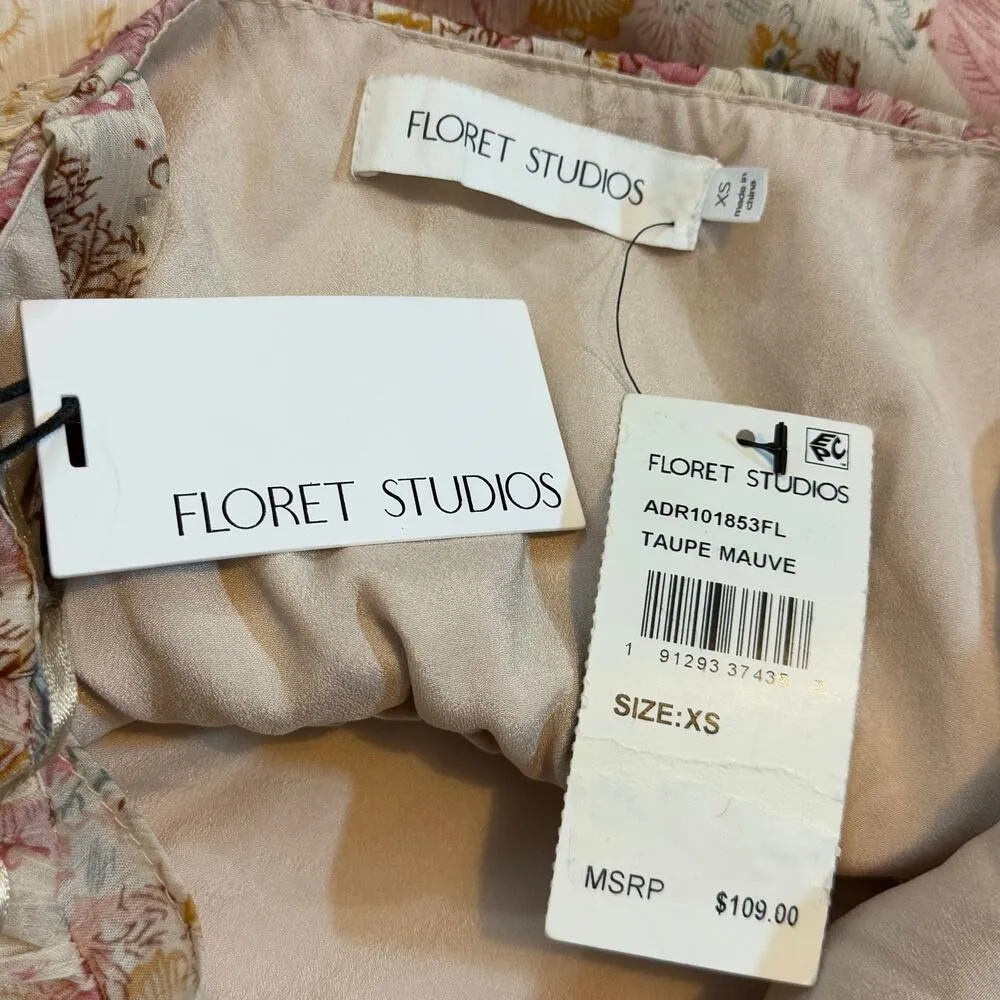 Floret Studios Women XS Taupe Mauve Cottage Fairy Floral Long Dress Romantic New Pink - Image 8