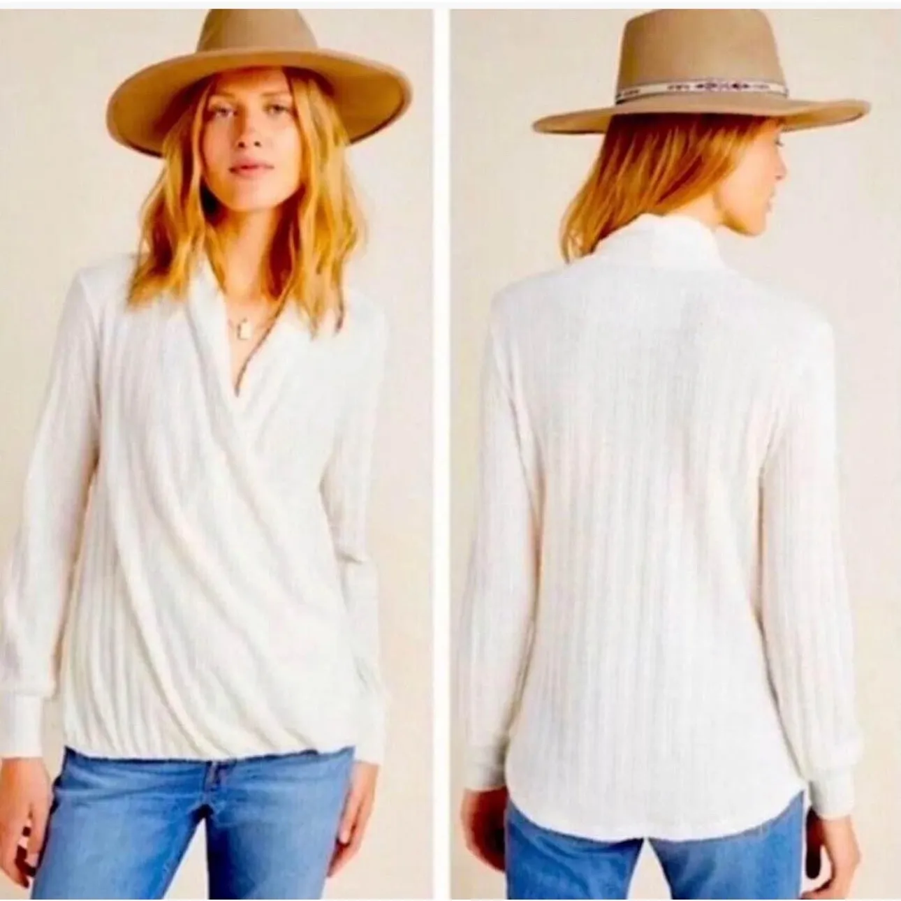 Anthropologie Maeve Cream Surplice V-Neck Knit Top XS Soft & Chic - Image 2