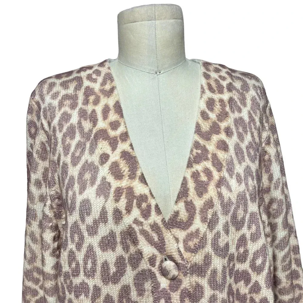 LoveShackFancy‎ Boscom Cardigan Sweater Taupe Skies Leopard Print Size Medium - Image 2