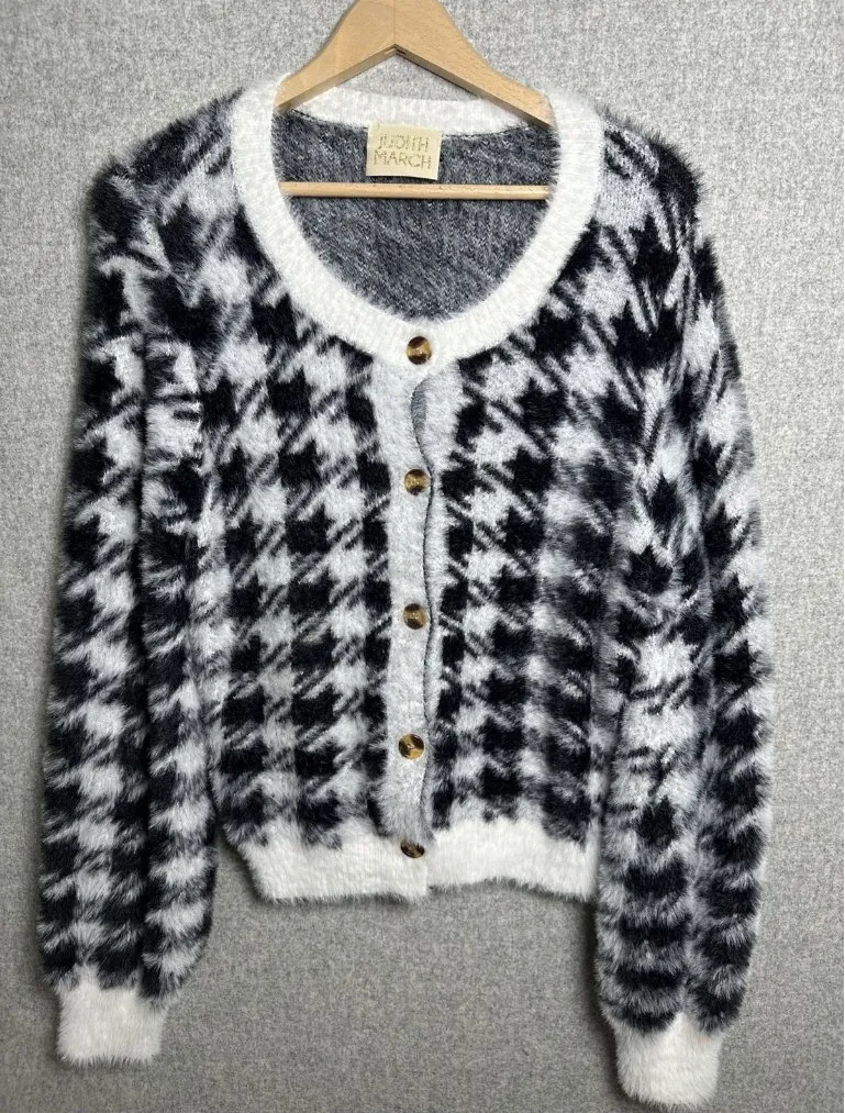 Judith March Womens Oversized Small Chunky Sweater Cardigan Houndstooth Soft - Image 1